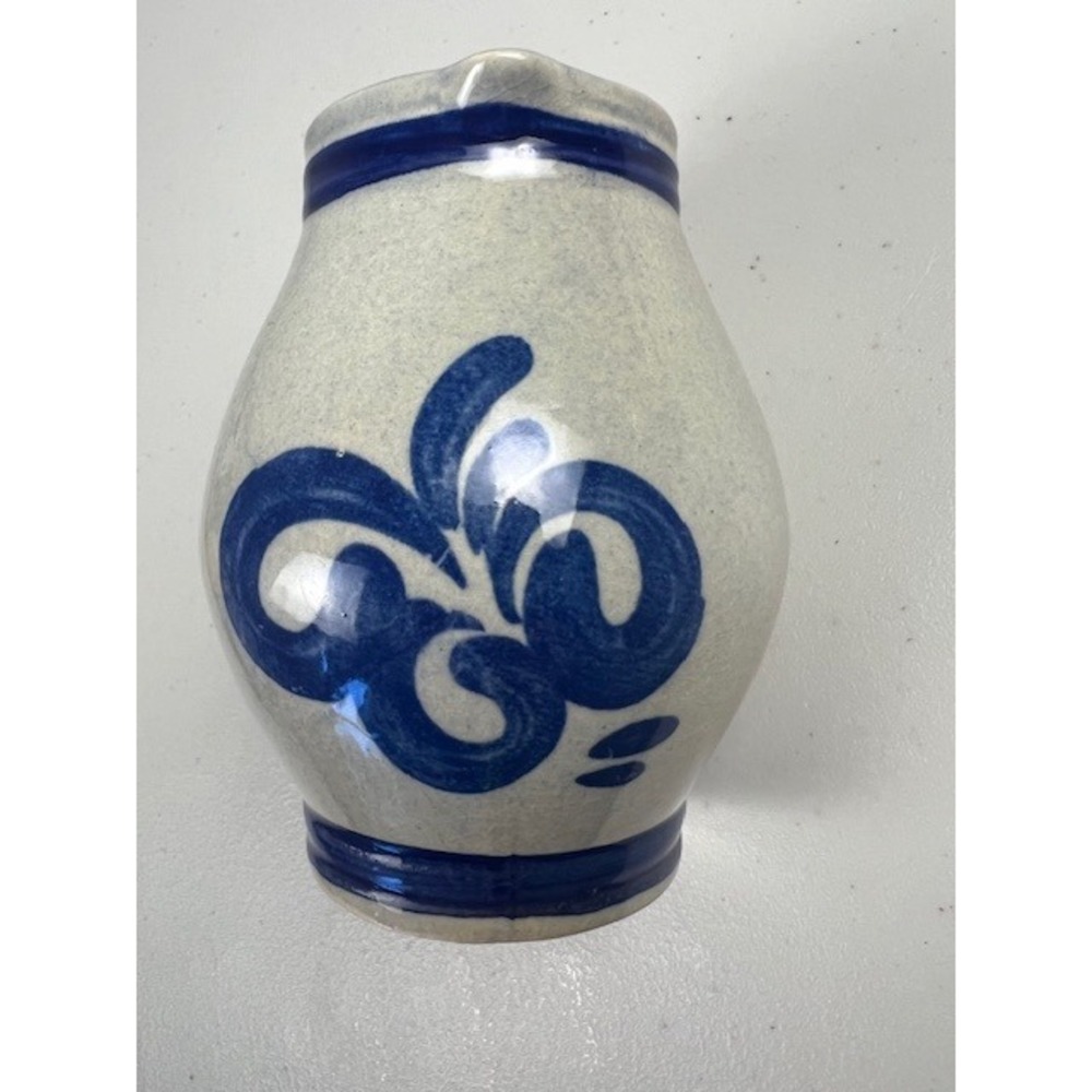 Salt Glazed Stoneware Creamer Blue‎ Floral Hand Painted Farmhouse Pitcher 4.5in